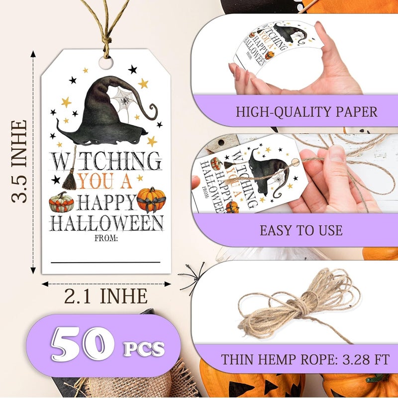 RPLCSPC Halloween Paper Gift Tags with String-50Pcs, Witching You A Happy Halloween Tags for Goodie Bags, 2 x 3.5 Inch Writable Waterproof Hanging Labels for Decoration Party Supplies, Gift Wrapping-B02 - Image 2